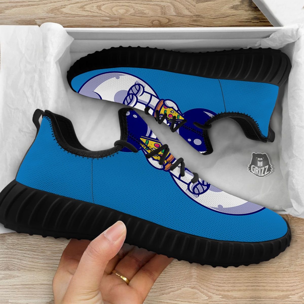 Cute Astronaut Eating Pizza Print Black Walking Shoes-grizzshop