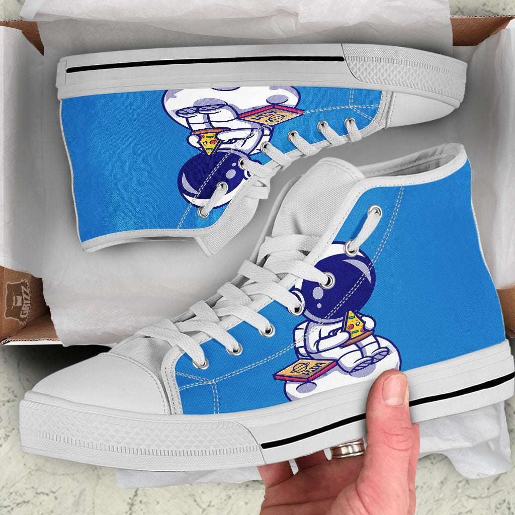 Cute Astronaut Eating Pizza Print White High Top Shoes-grizzshop