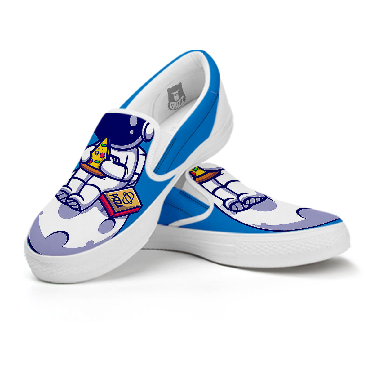Cute Astronaut Eating Pizza Print White Slip On Shoes-grizzshop