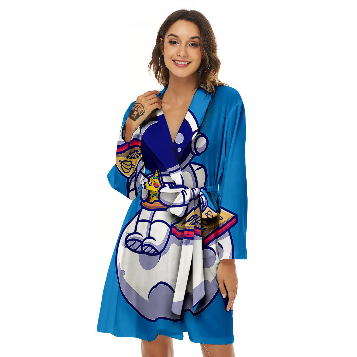 Cute Astronaut Eating Pizza Print Women's Robe-grizzshop