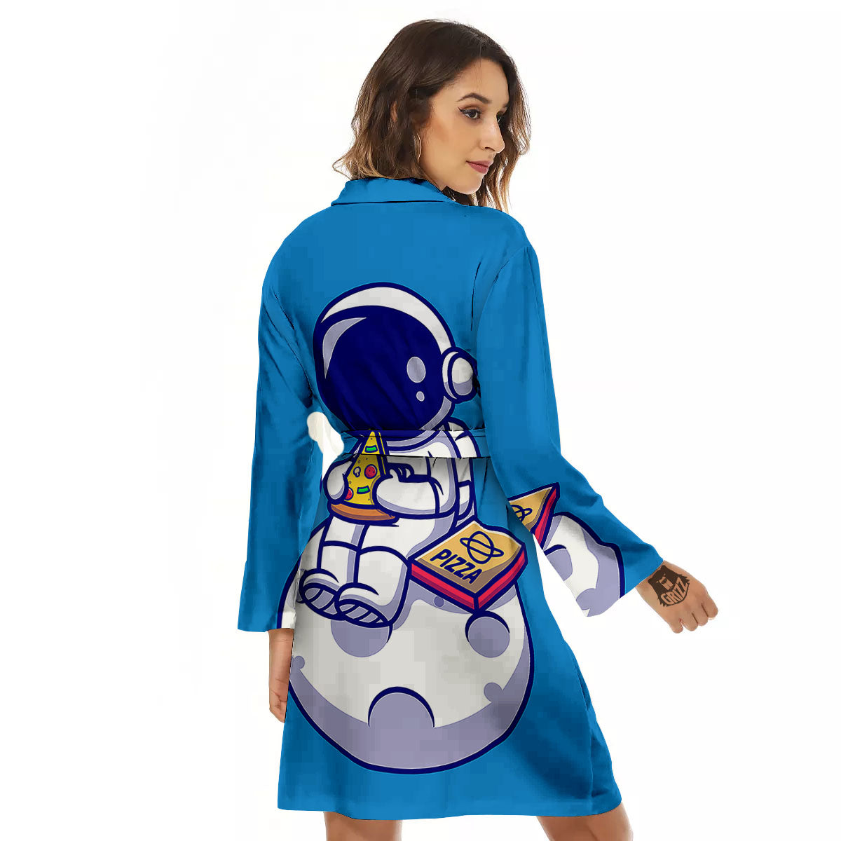 Cute Astronaut Eating Pizza Print Women's Robe-grizzshop