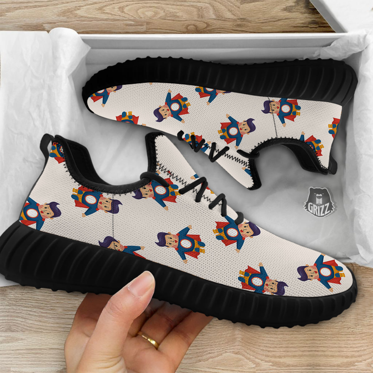 Cute Baby Hero Print Pattern Black Walking Shoes-grizzshop
