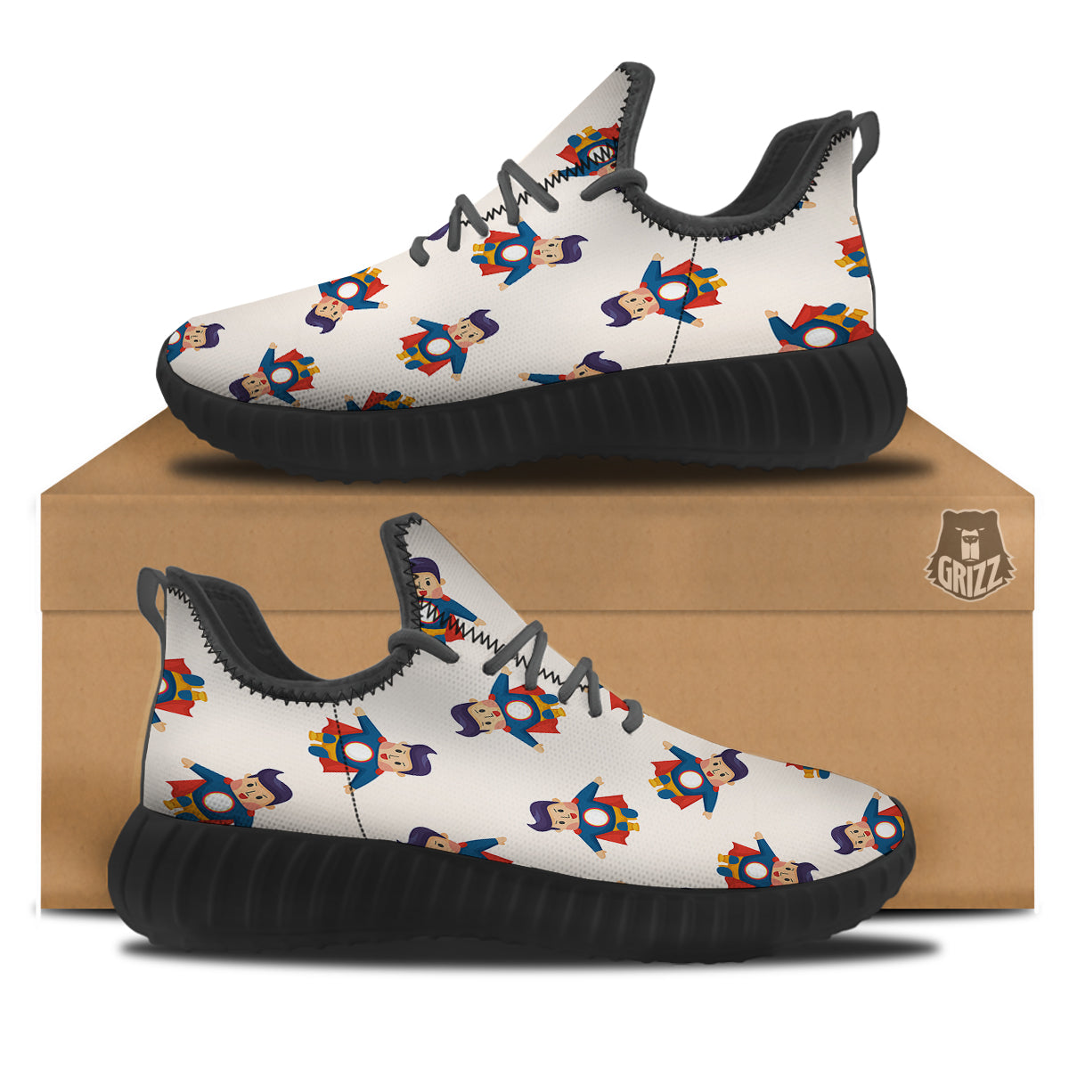 Cute Baby Hero Print Pattern Black Walking Shoes-grizzshop