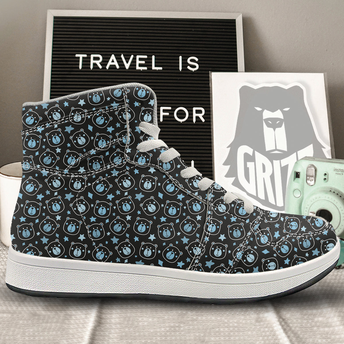 Cute Bear Black Print Pattern High Top Sneakers-grizzshop