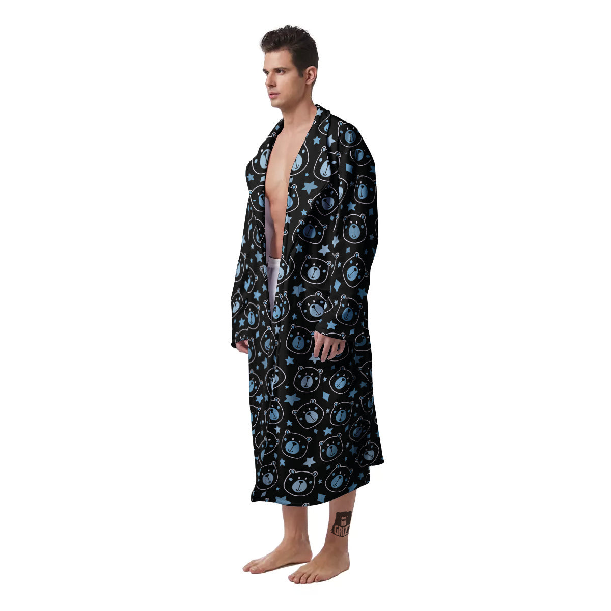Cute Bear Black Print Pattern Men's Robe-grizzshop