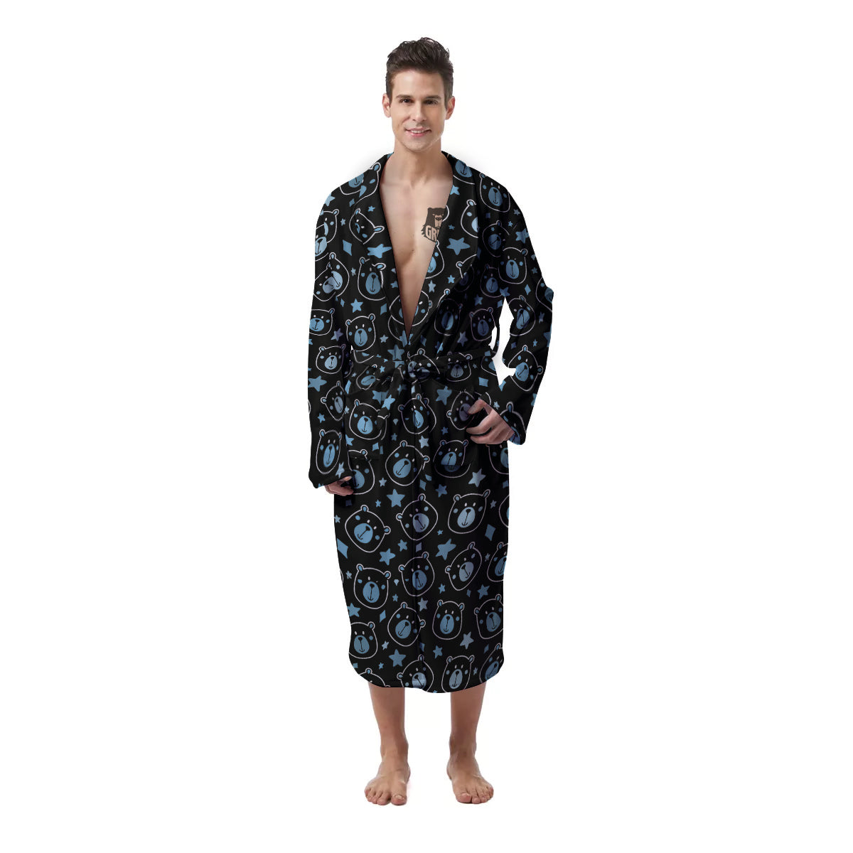 Cute Bear Black Print Pattern Men's Robe-grizzshop