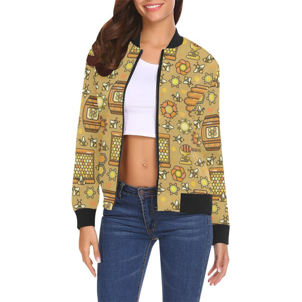 Cute Bee Honey Gifts Pattern Print Women Casual Bomber Jacket-grizzshop