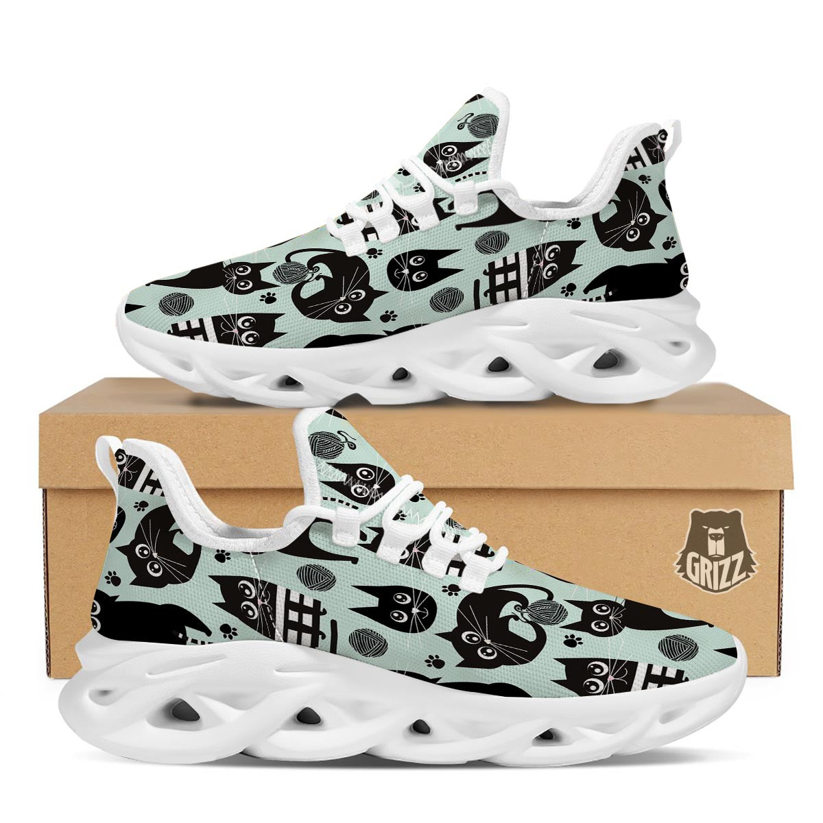 Cute Black Cat Print White Running Shoes-grizzshop