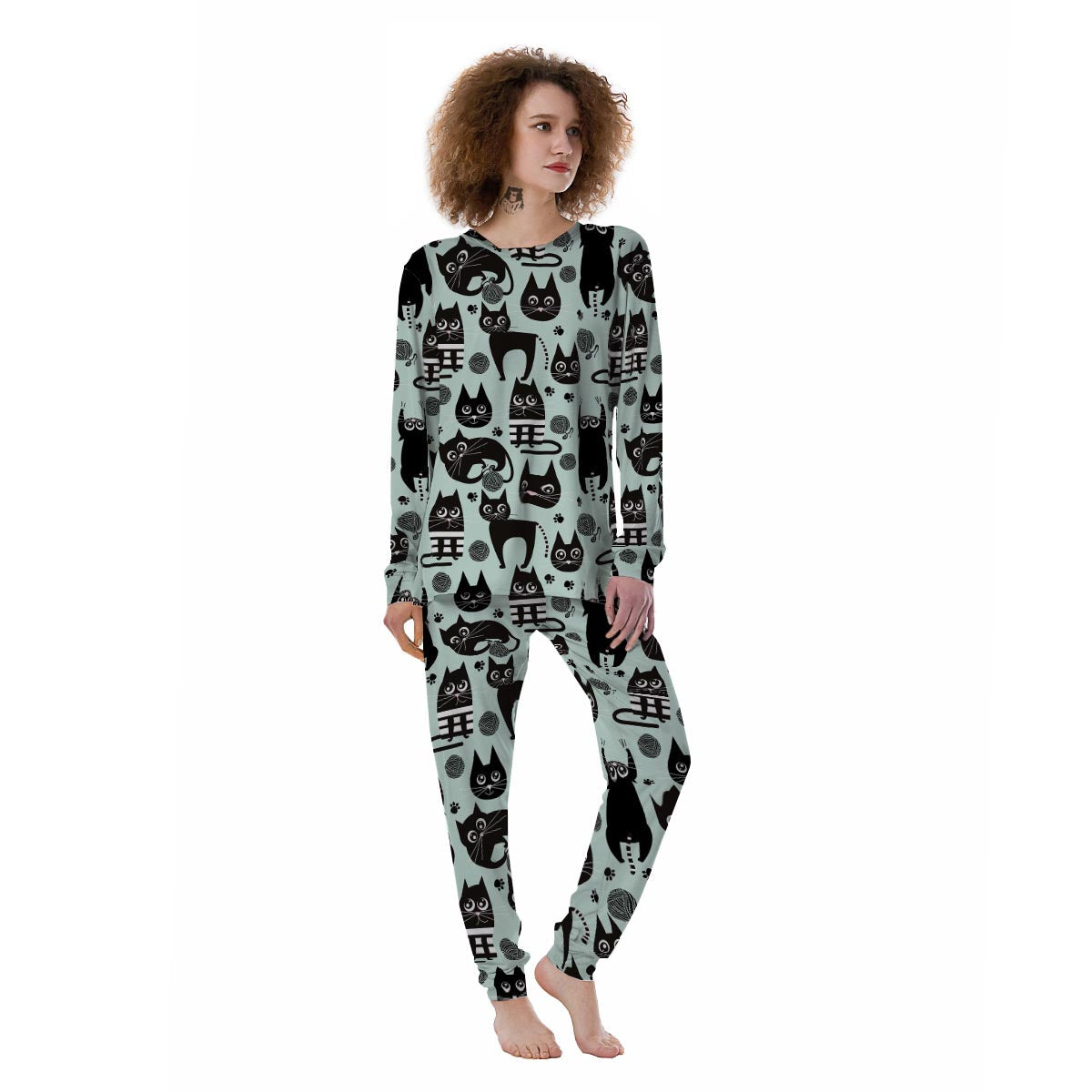 Cute Black Cat Print Women's Pajamas-grizzshop