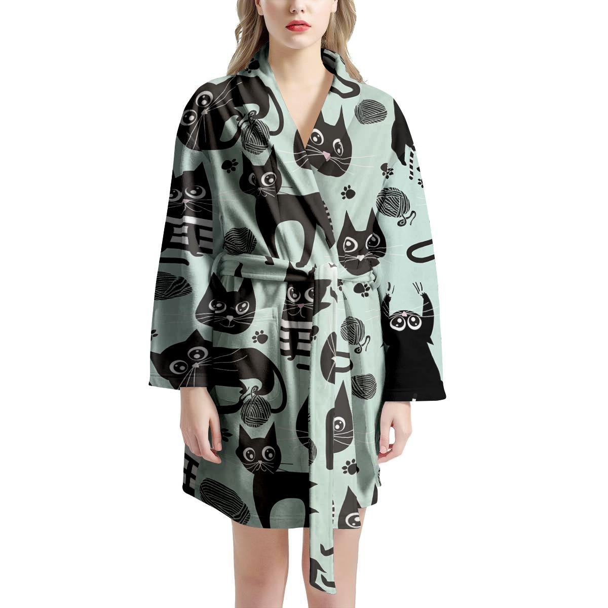 Cute Black Cat Print Women's Robe-grizzshop
