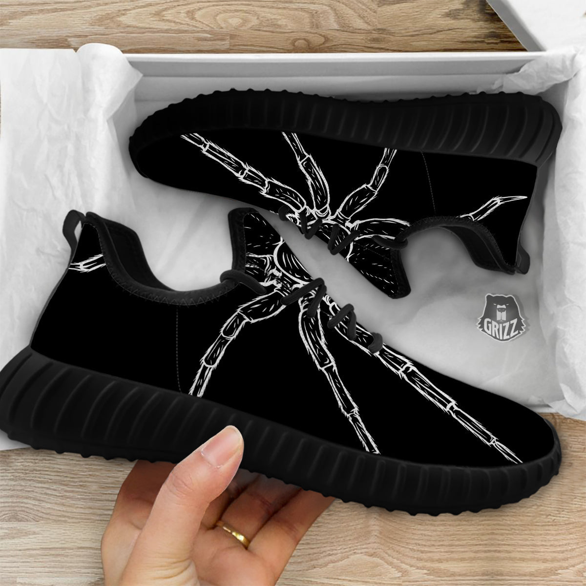Cute Black White Spider Cartoon Print Black Walking Shoes-grizzshop