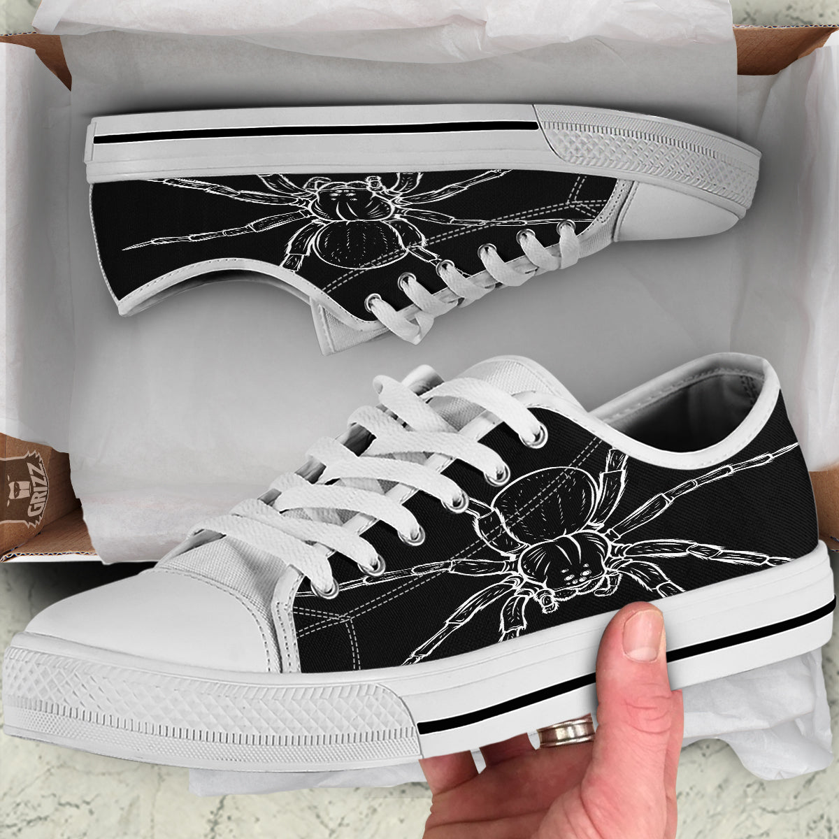 Cute Black White Spider Cartoon Print White Low Top Shoes-grizzshop