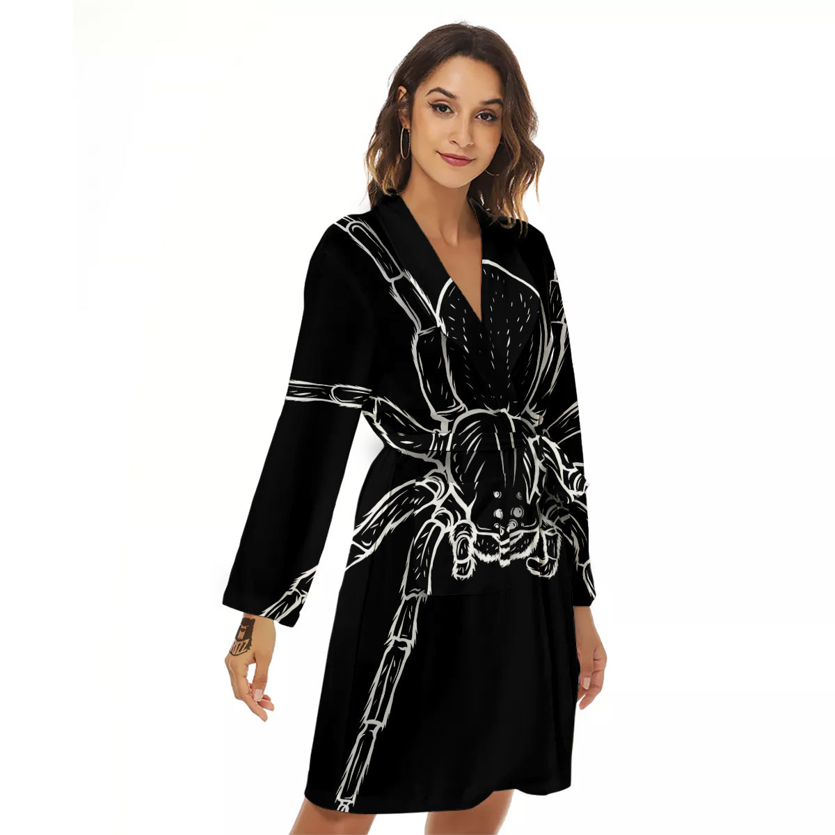 Cute Black White Spider Cartoon Print Women's Robe-grizzshop