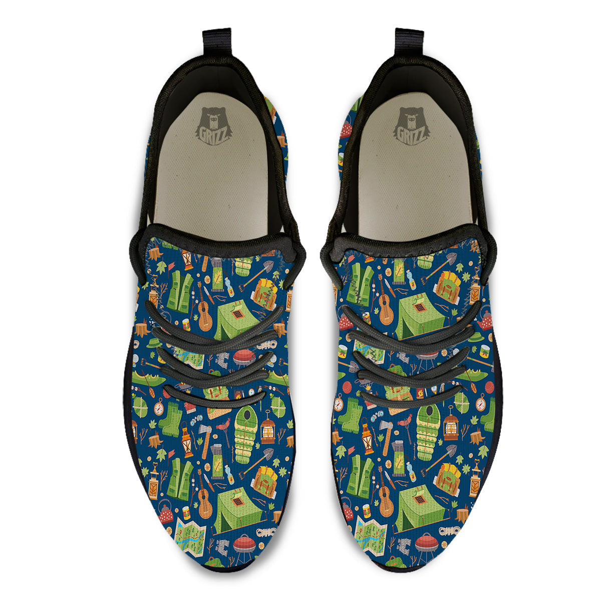 Cute Camping Equipment Print Pattern Black Athletic Shoes-grizzshop