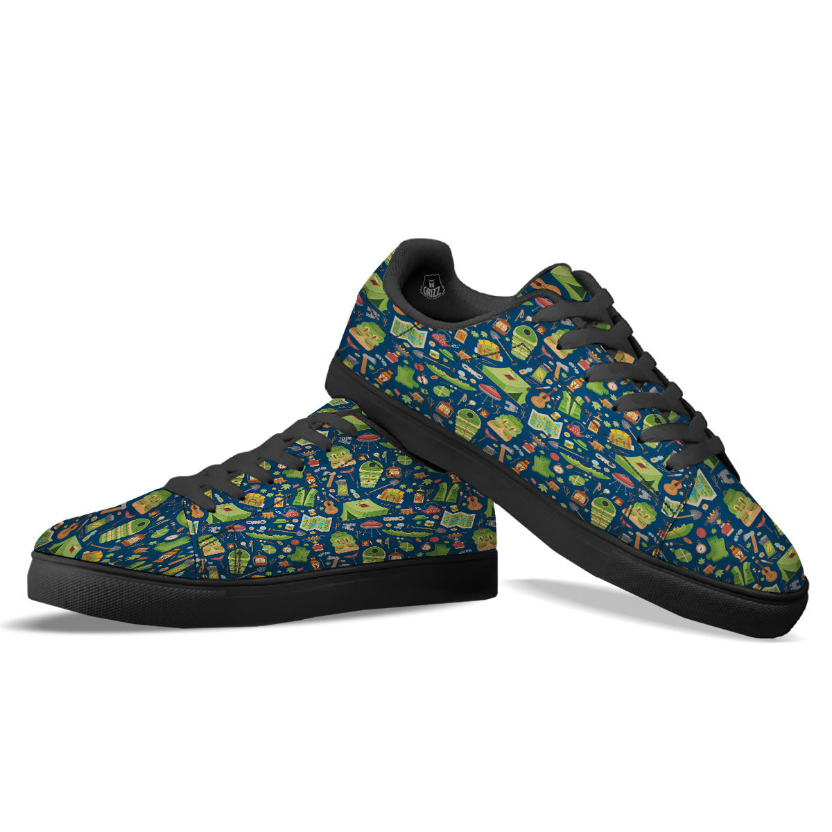 Cute Camping Equipment Print Pattern Black Low Top Sneakers-grizzshop