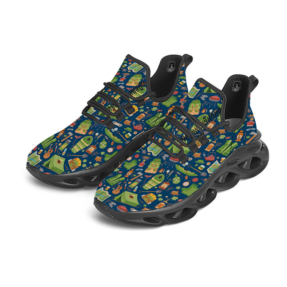 Cute Camping Equipment Print Pattern Black Running Shoes-grizzshop
