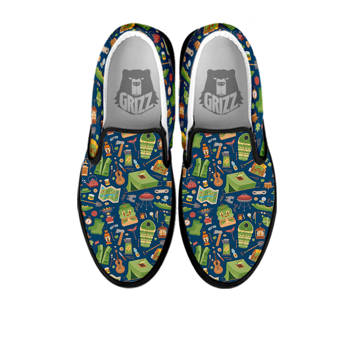 Cute Camping Equipment Print Pattern Black Slip On Shoes-grizzshop