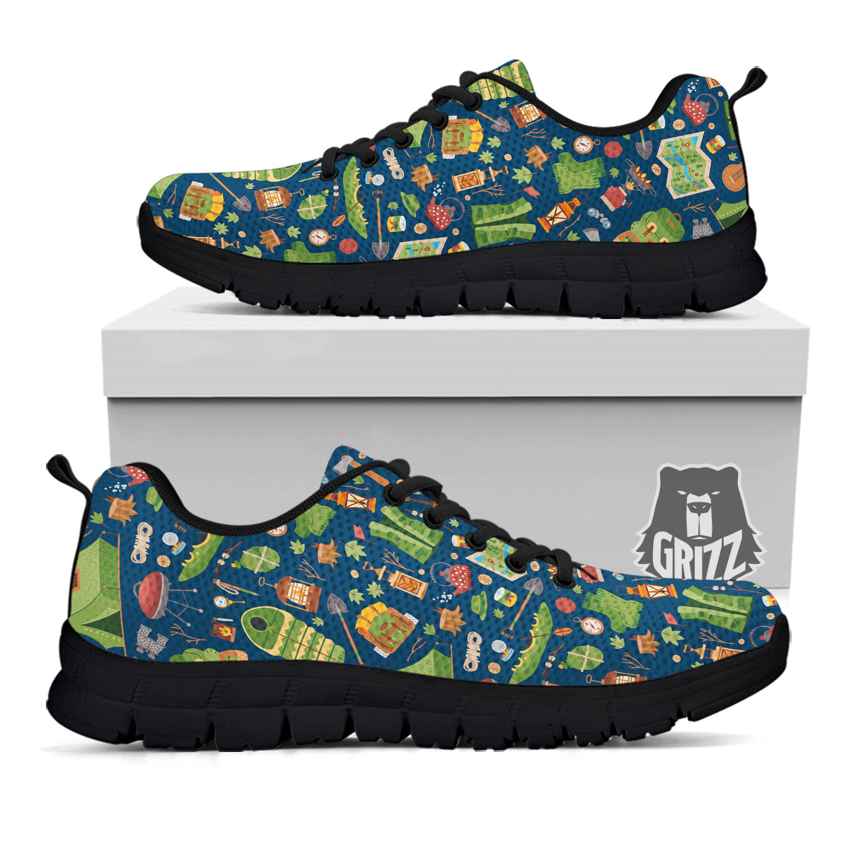Cute Camping Equipment Print Pattern Black Sneaker-grizzshop