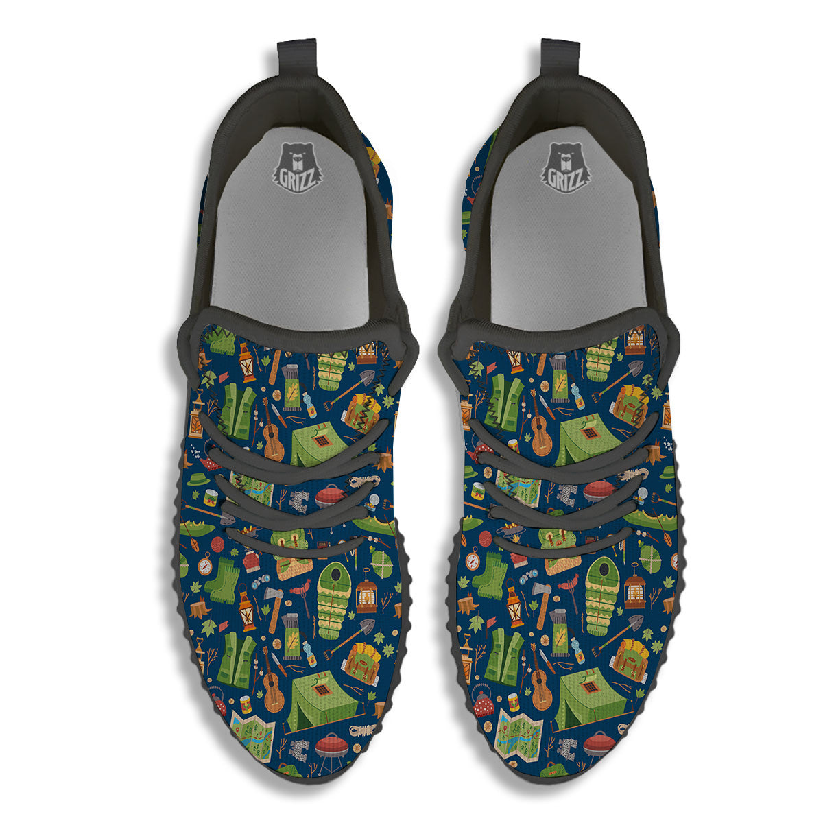 Cute Camping Equipment Print Pattern Black Walking Shoes-grizzshop