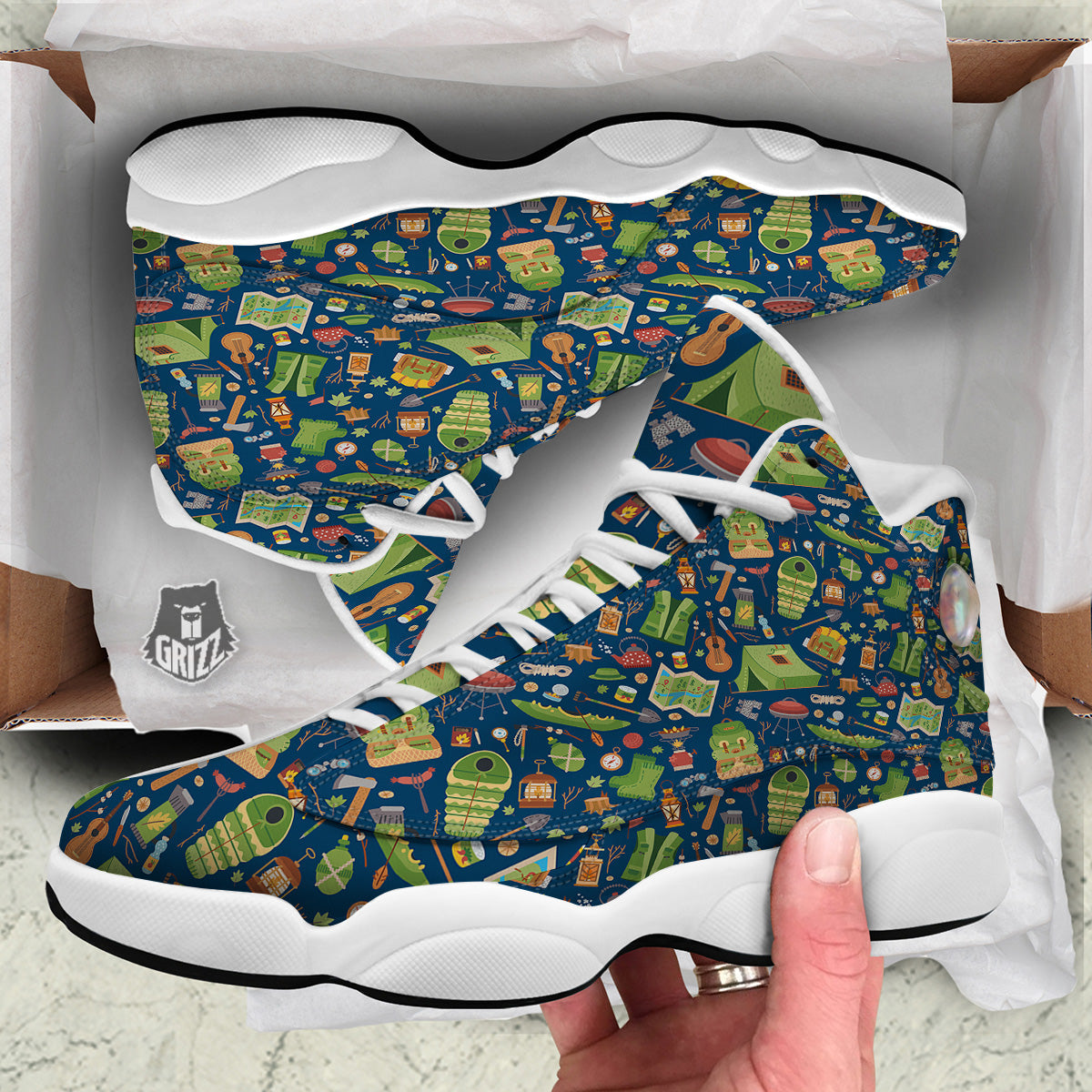 Cute Camping Equipment Print Pattern White Basketball Shoes-grizzshop