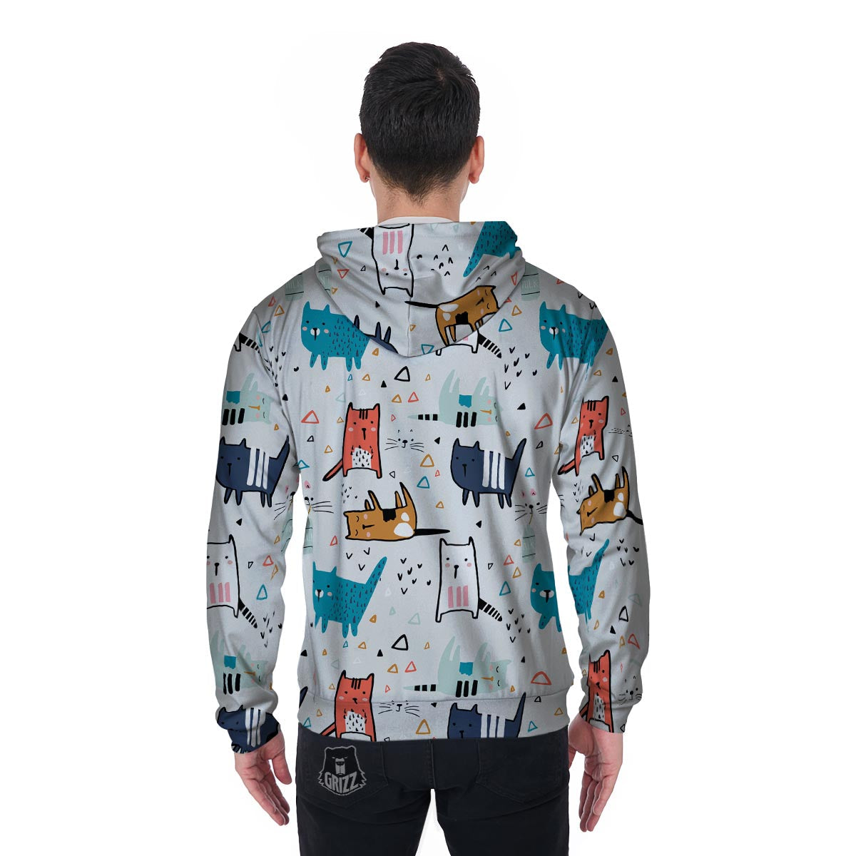 Cute Cartoon Doodle Cat Print Men's Zip Up Hoodie-grizzshop
