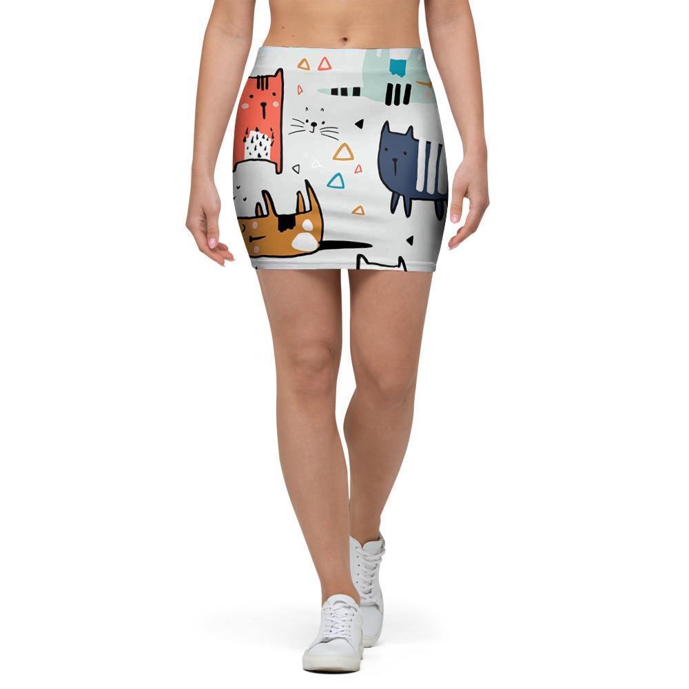 Cute Cartoon Doodle Cat Print Mini Skirt-grizzshop