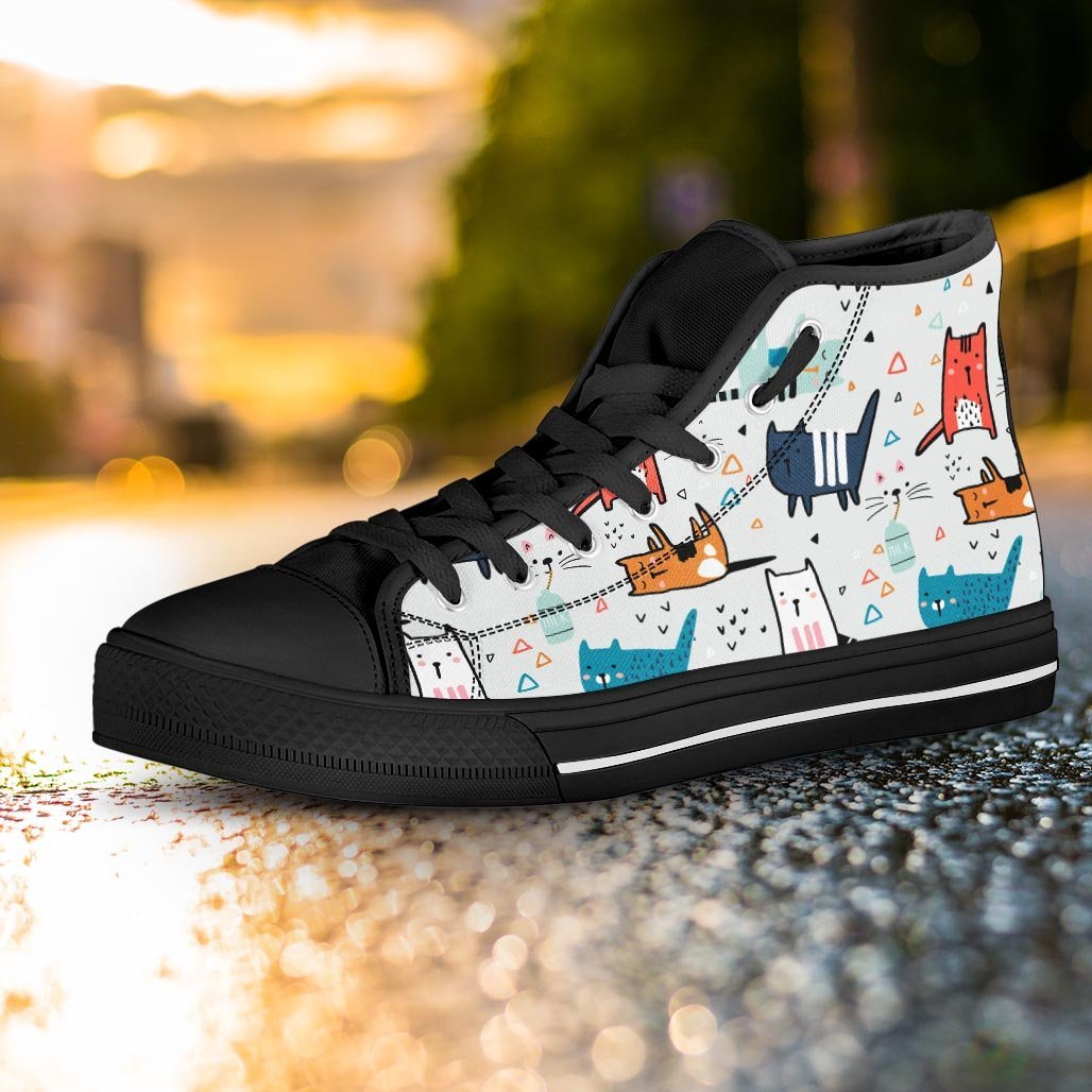 Cute Cartoon Doodle Cat Print Women's High Top Shoes-grizzshop