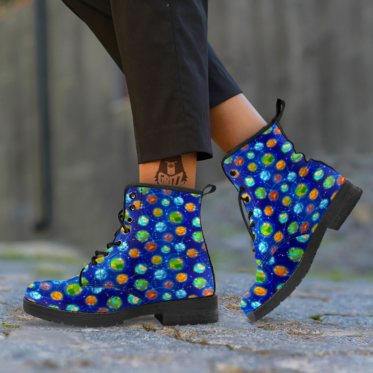 Cute Cartoon Planets Print Pattern Leather Boots-grizzshop