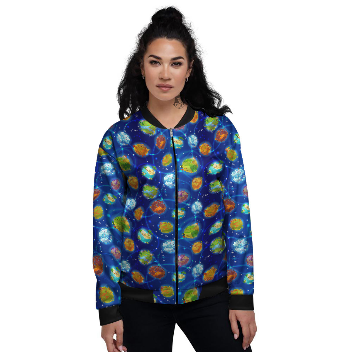 Cute Cartoon Planets Print Pattern Women's Bomber Jacket-grizzshop