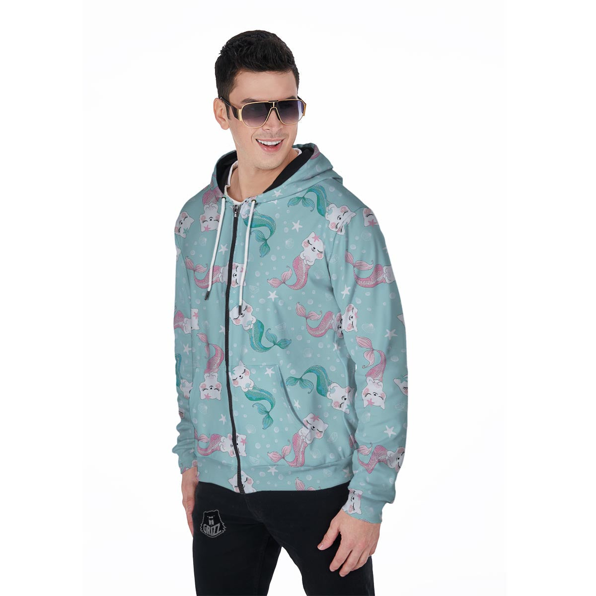Cute Cat Mermaid Print Men's Zip Up Hoodie-grizzshop
