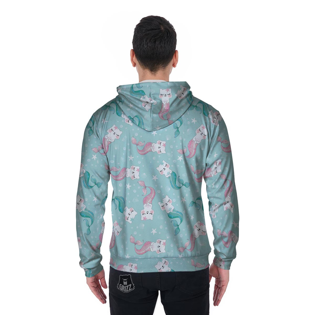 Cute Cat Mermaid Print Men's Zip Up Hoodie-grizzshop