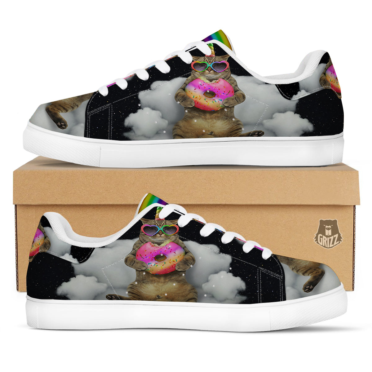 Cute Cat Unicorn Print White Low Top Sneakers-grizzshop