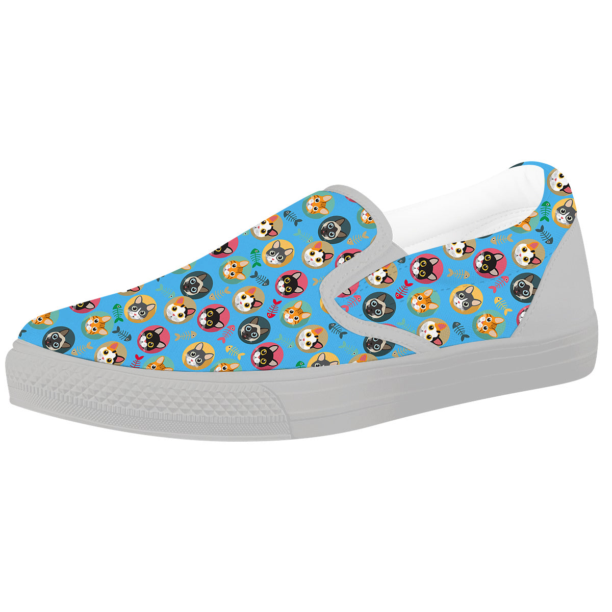 Cute Cats And Fishbone Colorful Print Pattern White Slip On Shoes-grizzshop