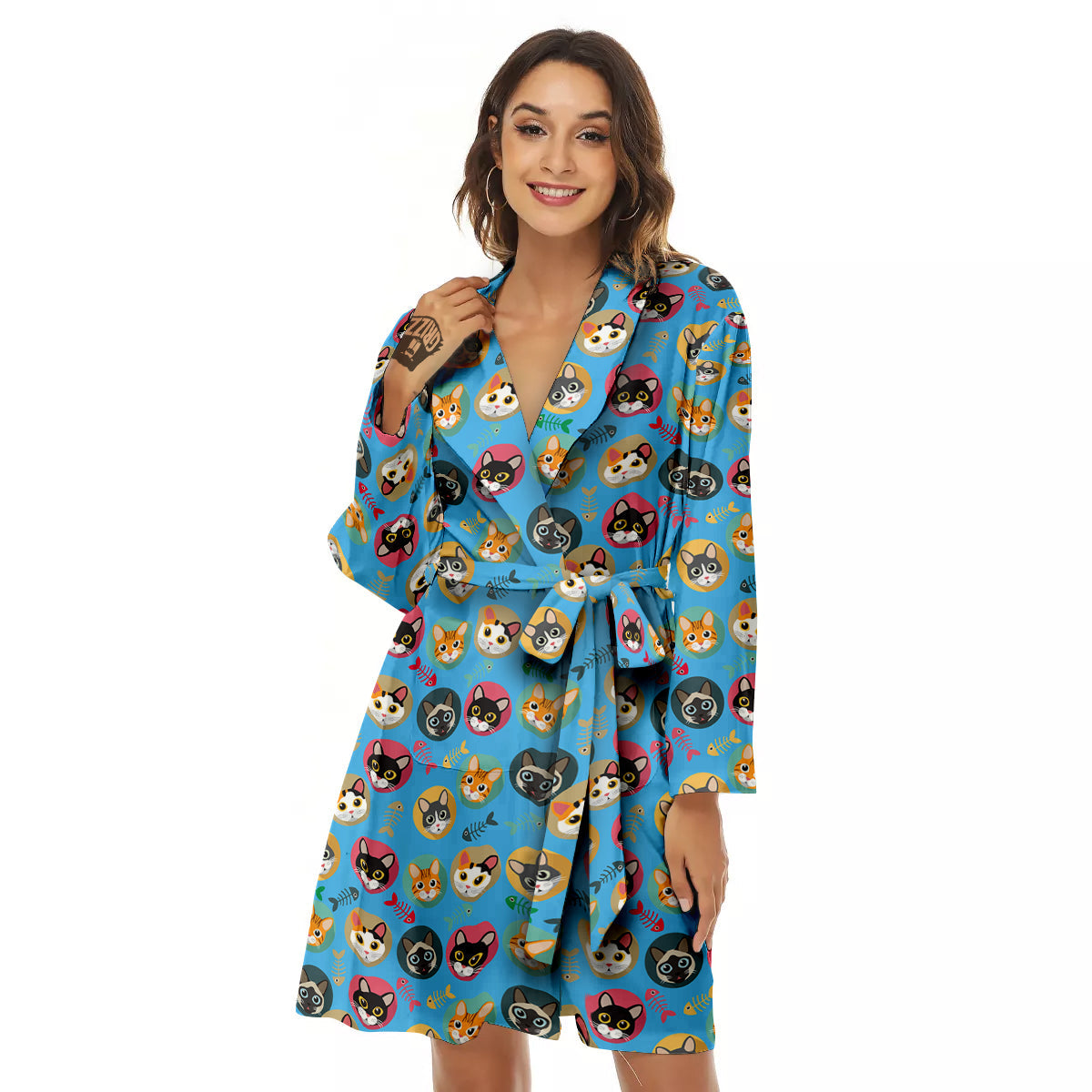 Cute Cats And Fishbone Colorful Print Pattern Women's Robe-grizzshop