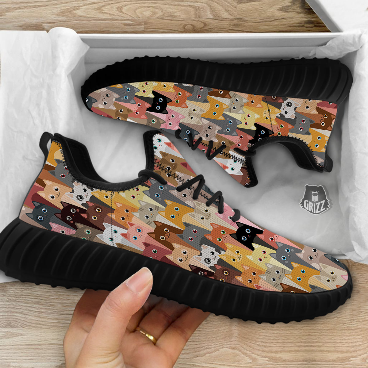 Cute Cats Cartoon Colorful Print Pattern Black Walking Shoes-grizzshop