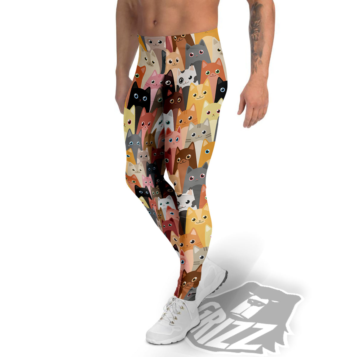 Cute Cats Cartoon Colorful Print Pattern Men's Leggings-grizzshop