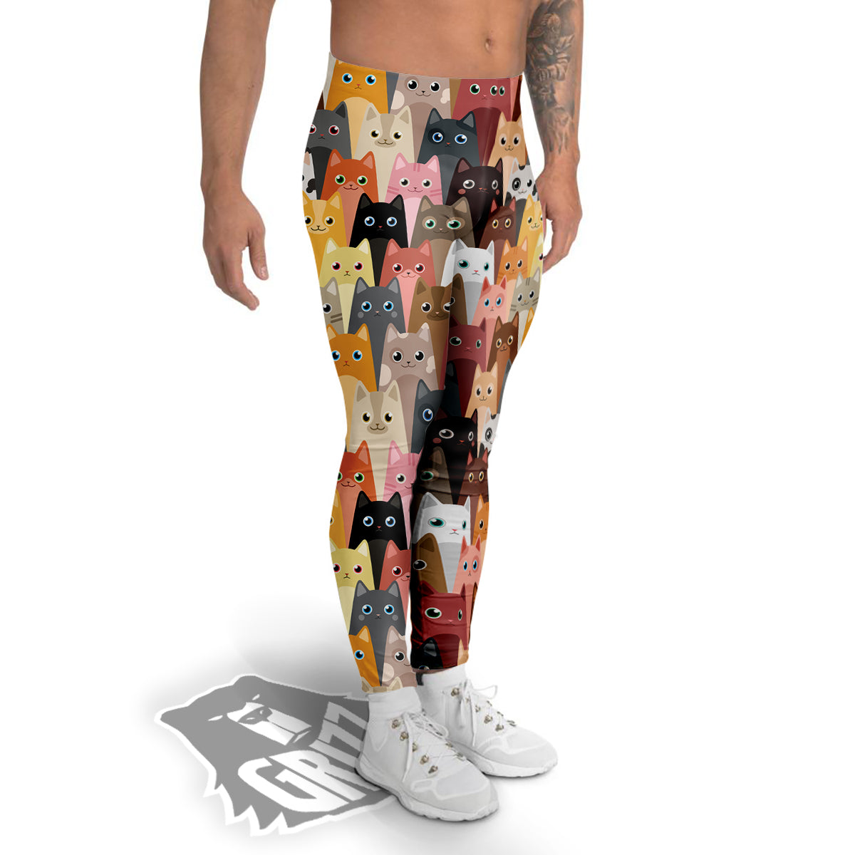 Cute Cats Cartoon Colorful Print Pattern Men's Leggings-grizzshop