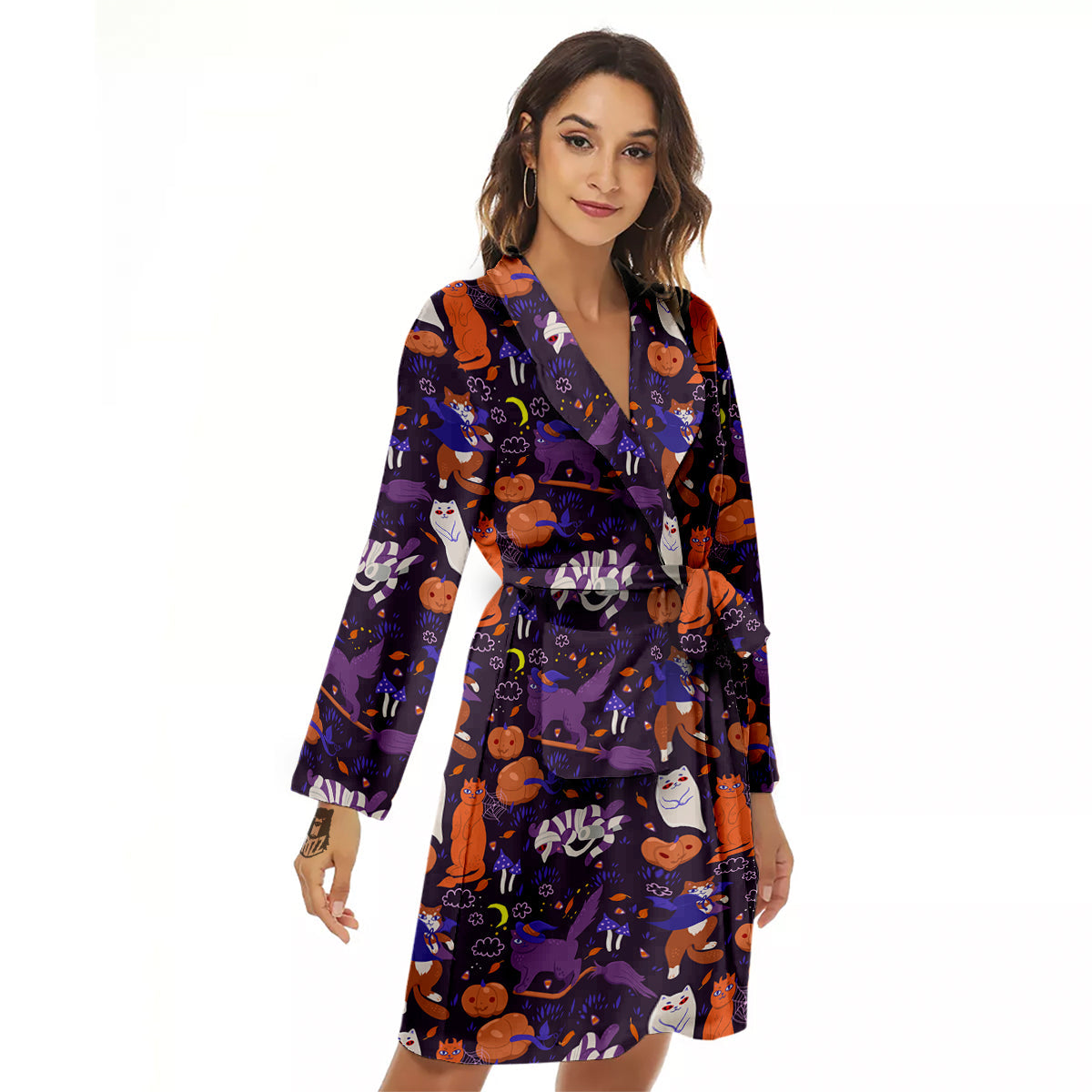 Cute Cats Halloween Print Pattern Women's Robe-grizzshop