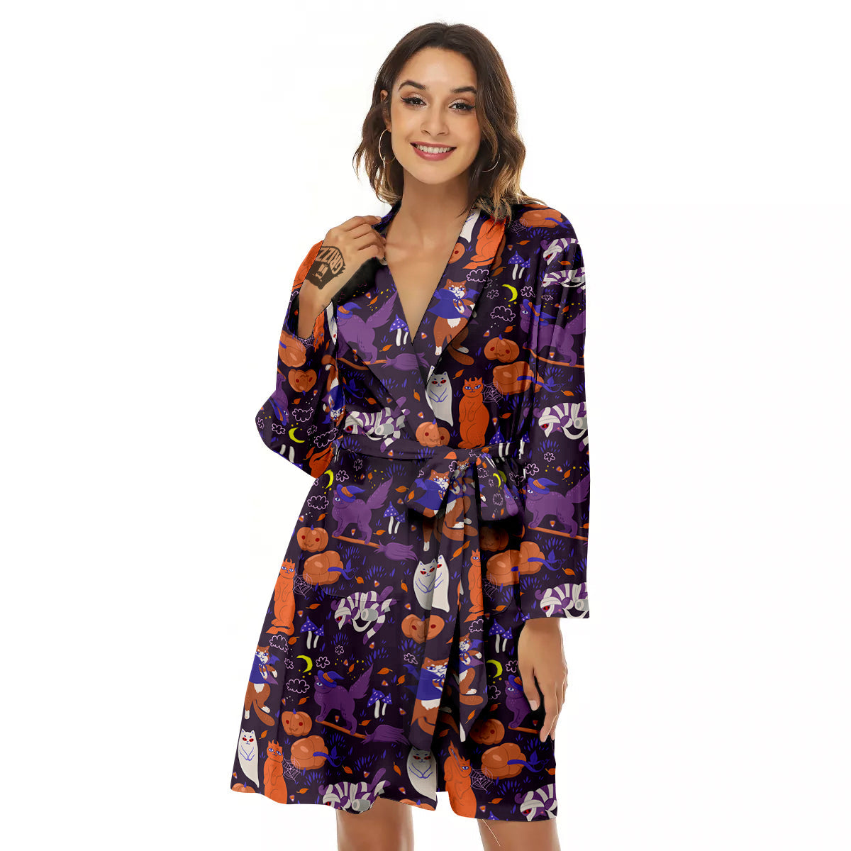 Cute Cats Halloween Print Pattern Women's Robe-grizzshop