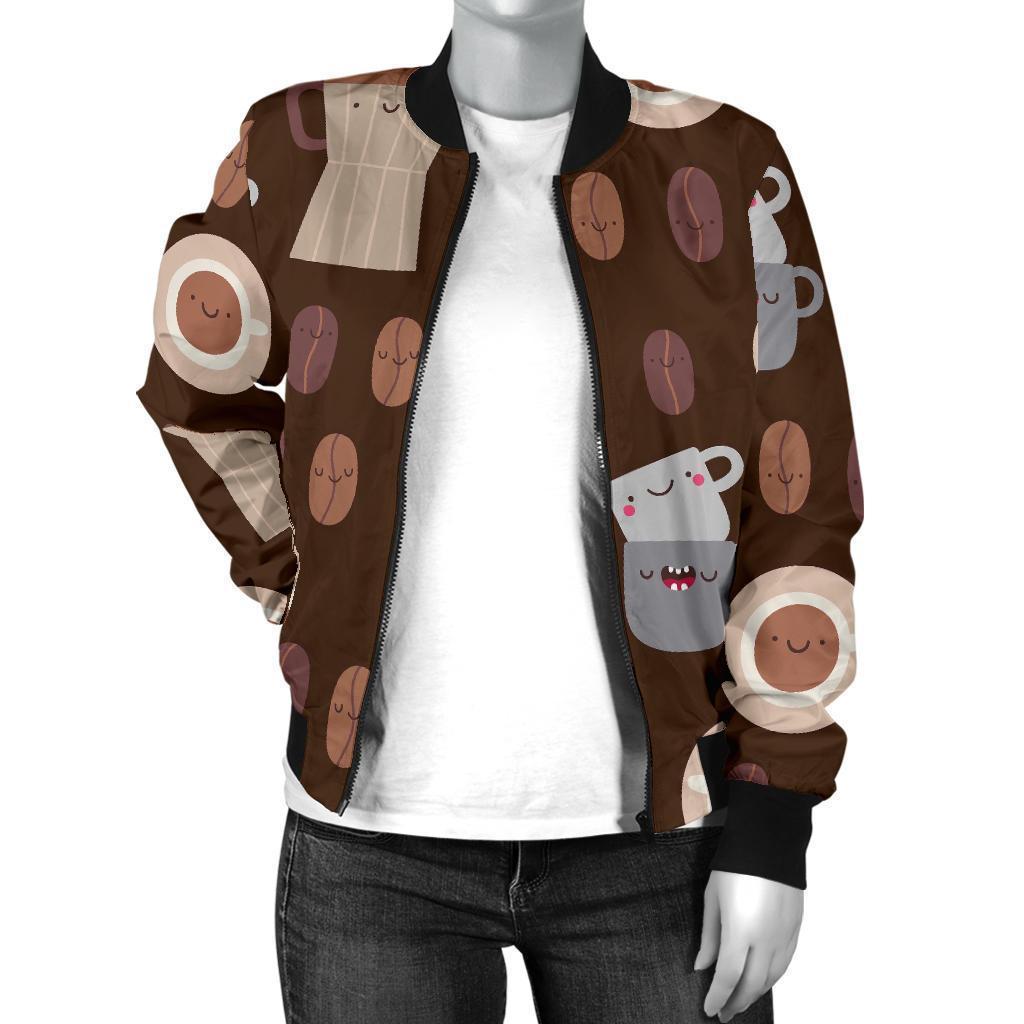 Cute Coffee Pattern Print Women Casual Bomber Jacket-grizzshop