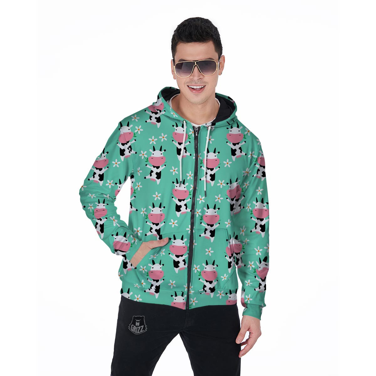 Cute Cow Floral Print Men's Zip Up Hoodie-grizzshop