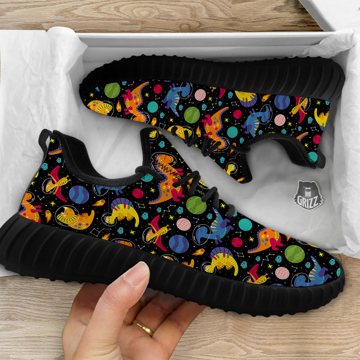 Cute Dinosaurs In Space Print Pattern Black Walking Shoes-grizzshop