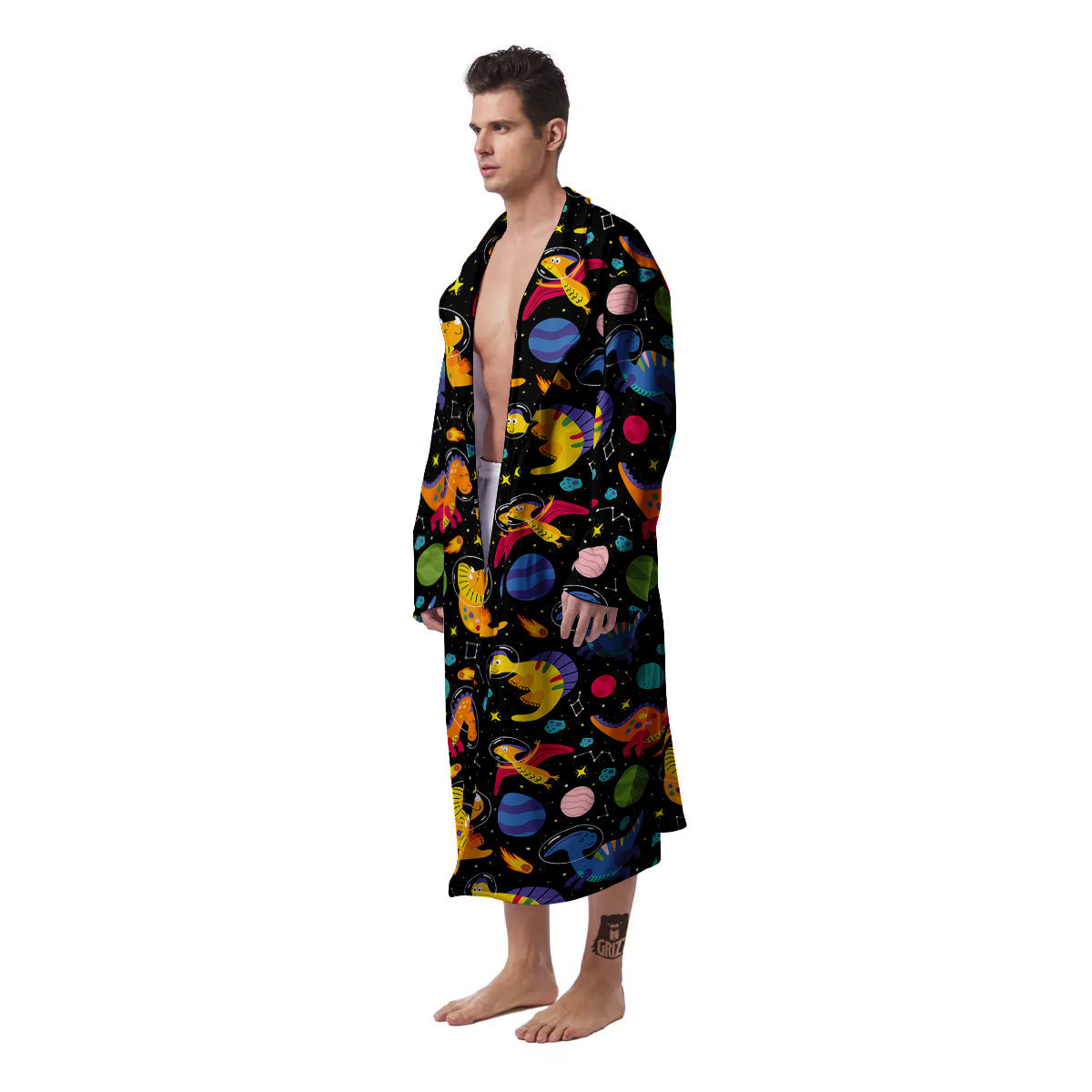 Cute Dinosaurs In Space Print Pattern Men's Robe-grizzshop