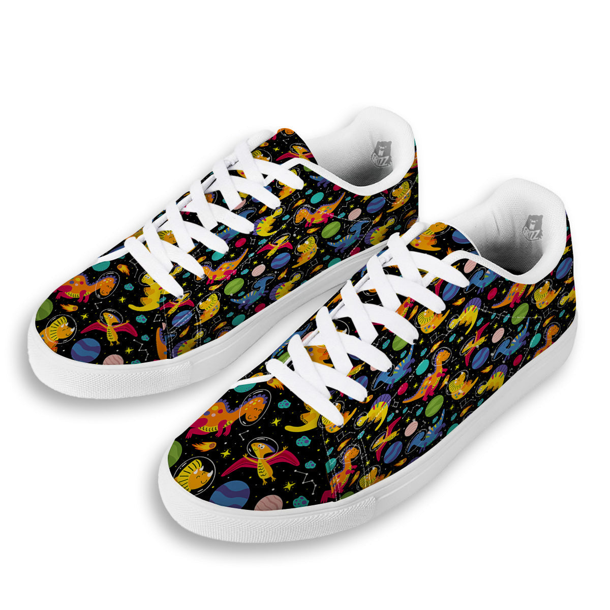 Cute Dinosaurs In Space Print Pattern White Low Top Sneakers-grizzshop