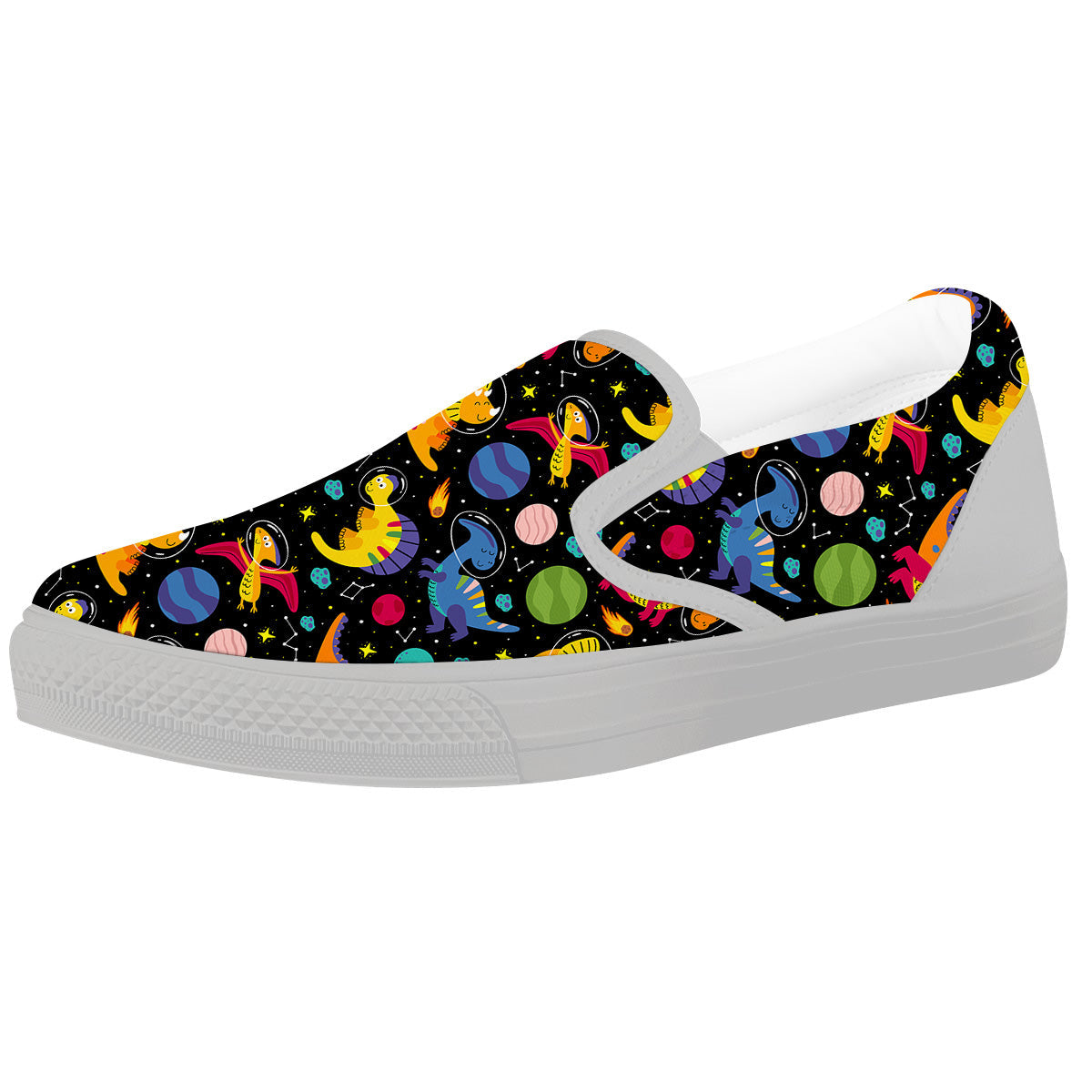Cute Dinosaurs In Space Print Pattern White Slip On Shoes-grizzshop