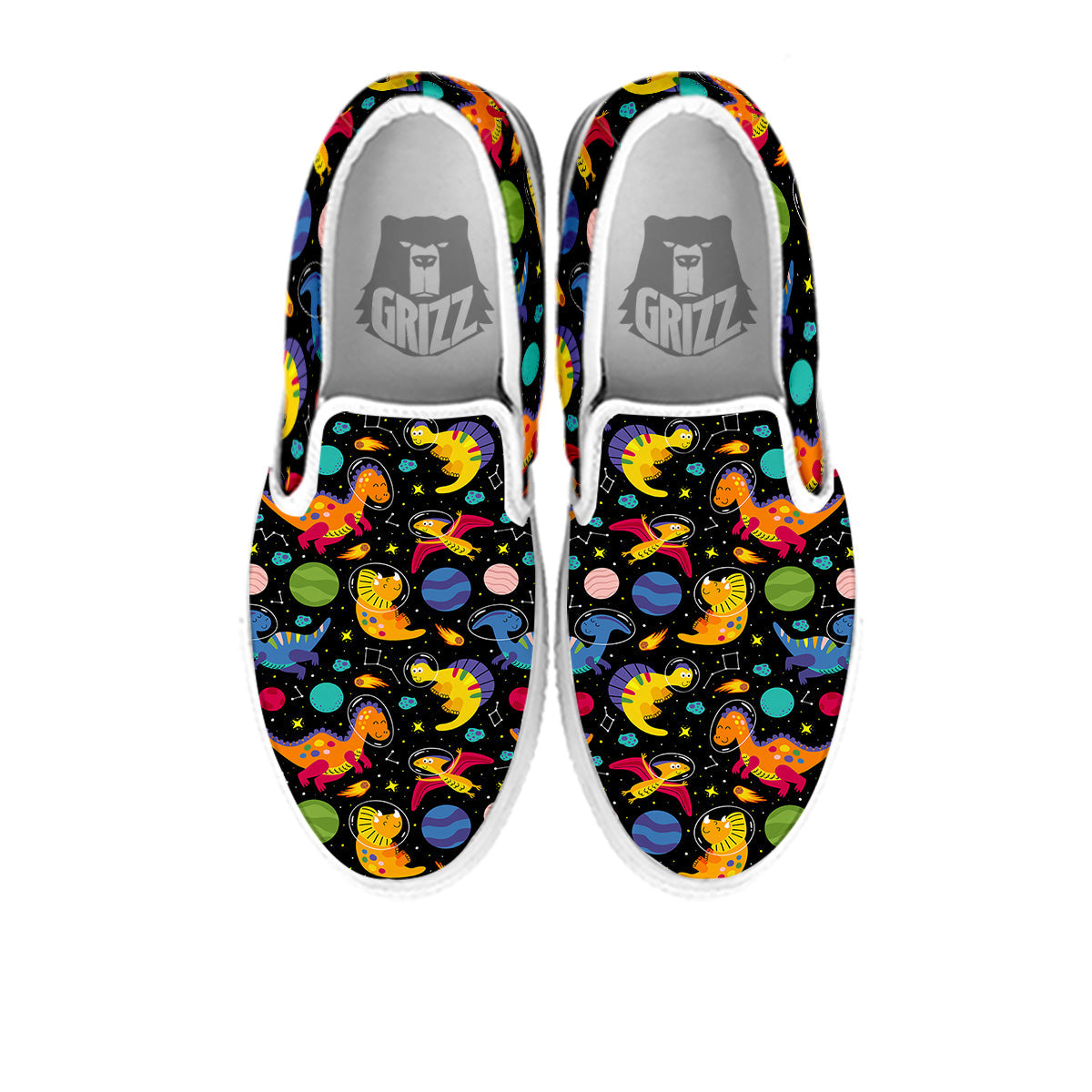 Cute Dinosaurs In Space Print Pattern White Slip On Shoes-grizzshop