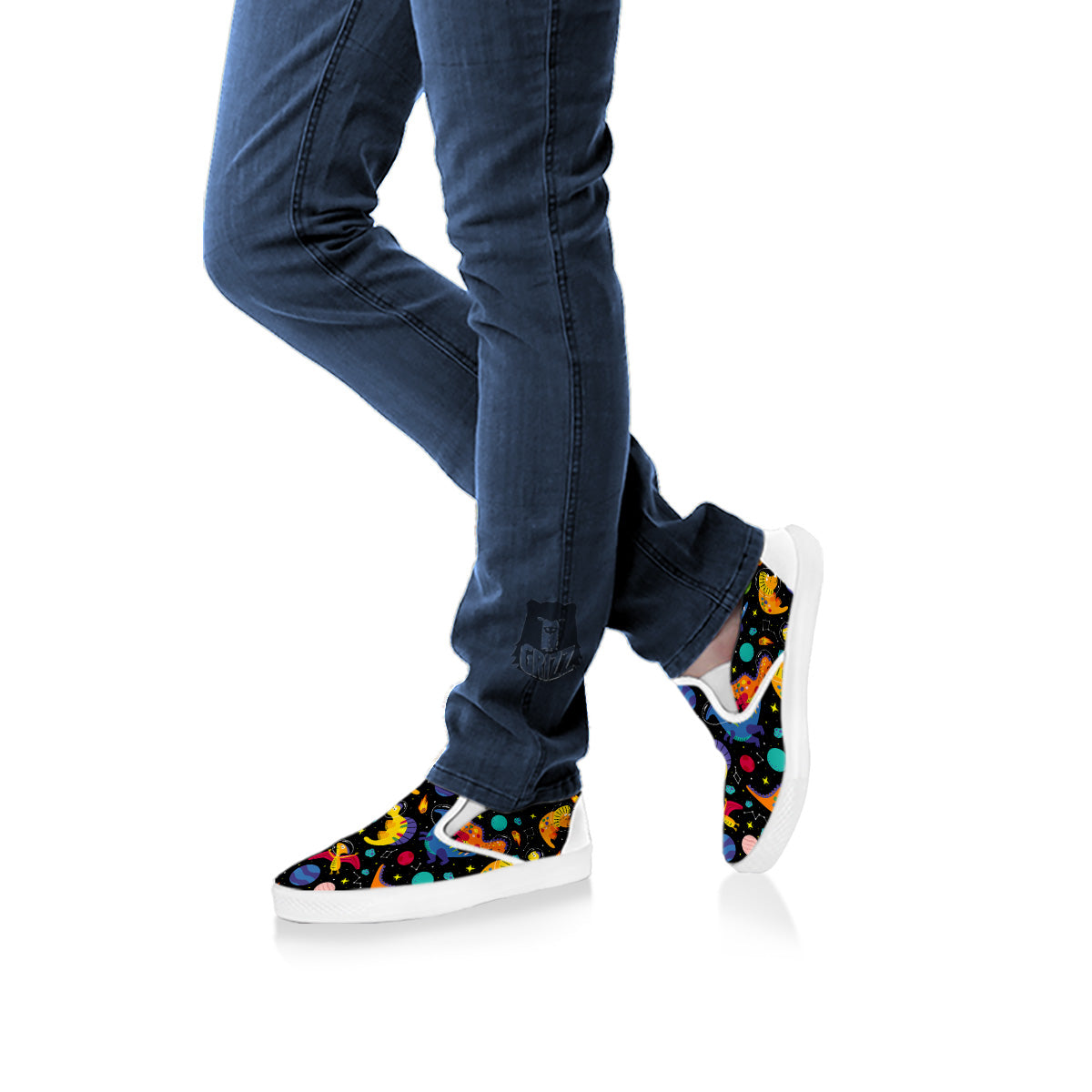 Cute Dinosaurs In Space Print Pattern White Slip On Shoes-grizzshop