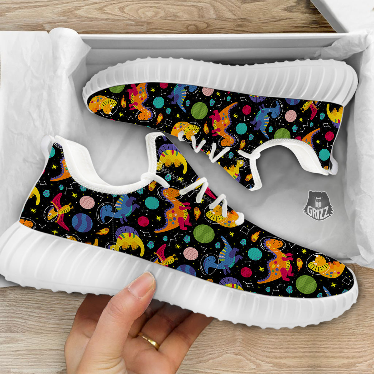 Cute Dinosaurs In Space Print Pattern White Walking Shoes-grizzshop