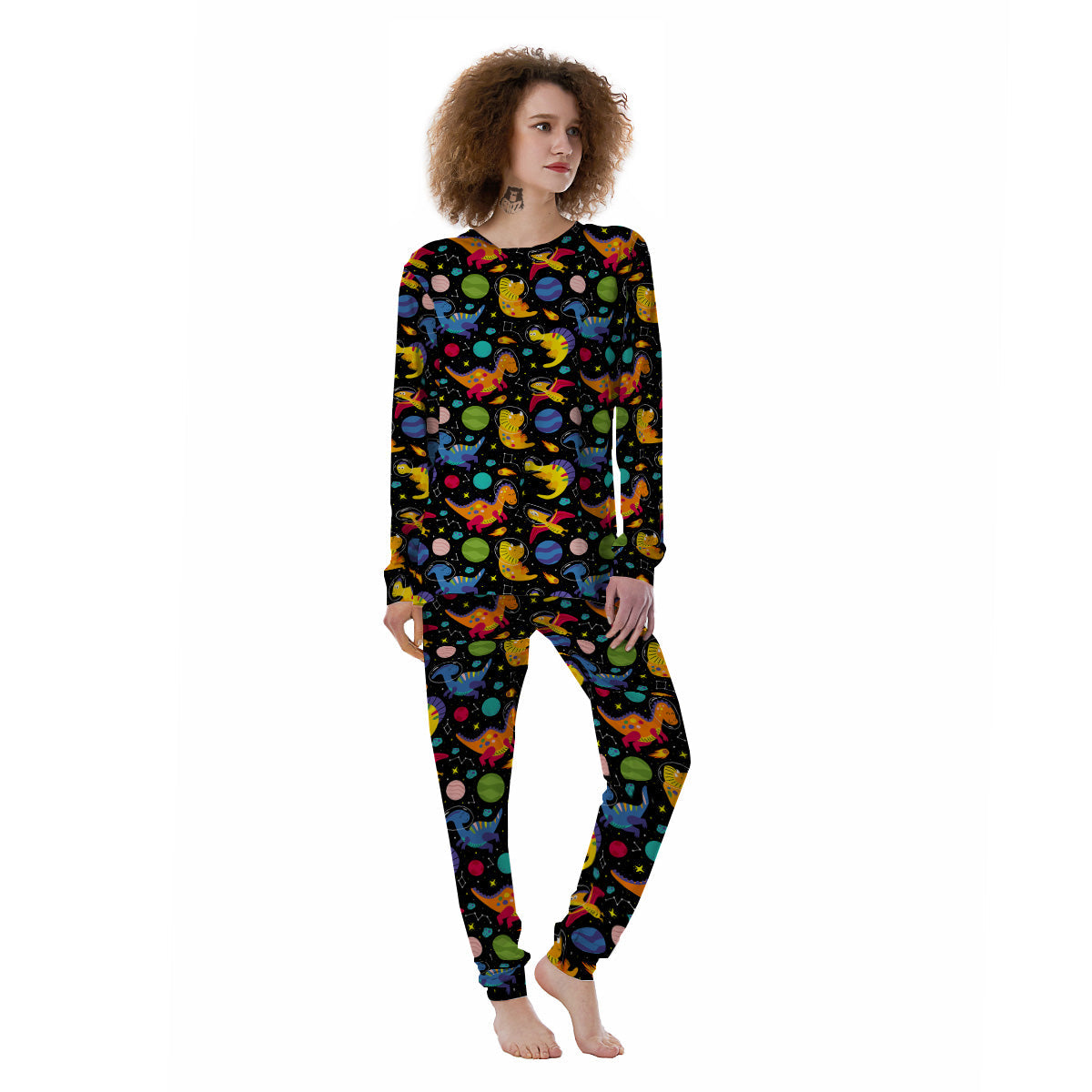 Cute Dinosaurs In Space Print Pattern Women's Pajamas-grizzshop