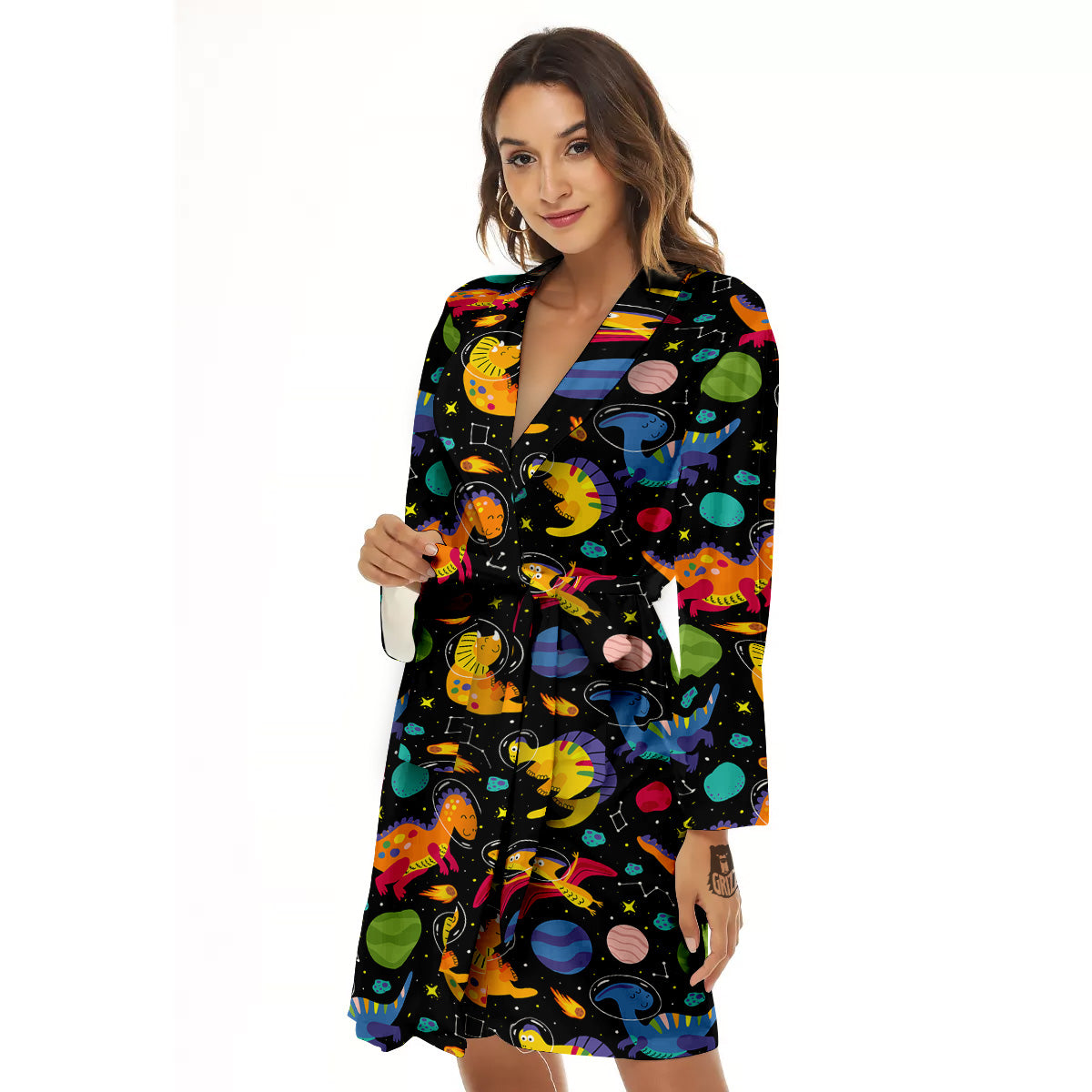 Cute Dinosaurs In Space Print Pattern Women's Robe-grizzshop